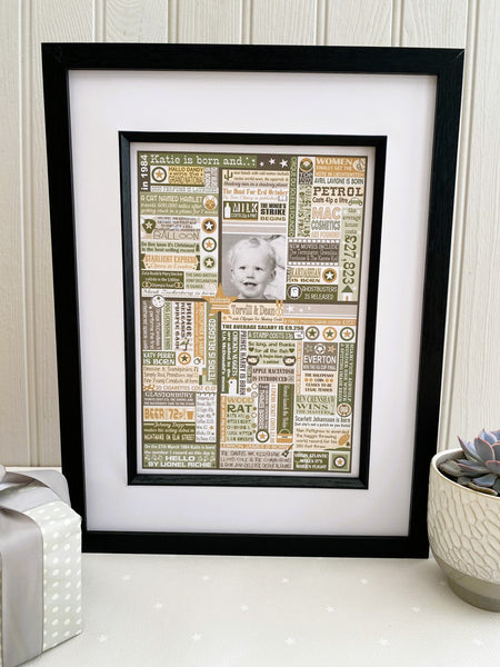 'The Year You Were Born' Personalised Birthdate Print in Sage Green & Stone.