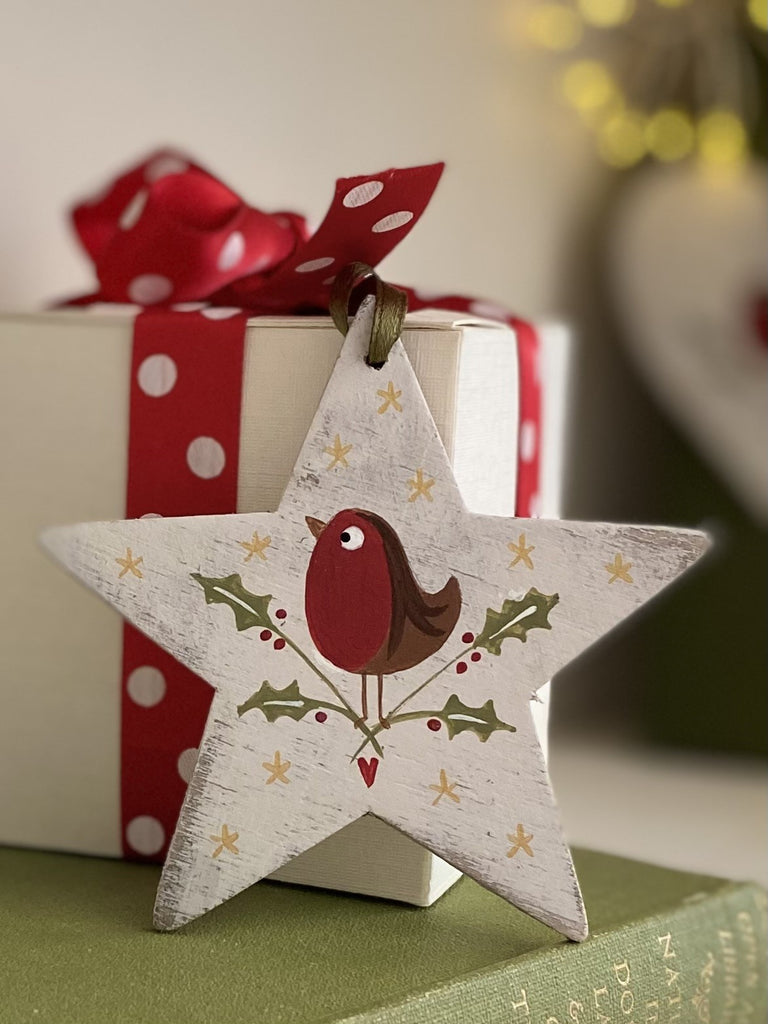 Happy Robin Handpainted Wooden Star Decoration