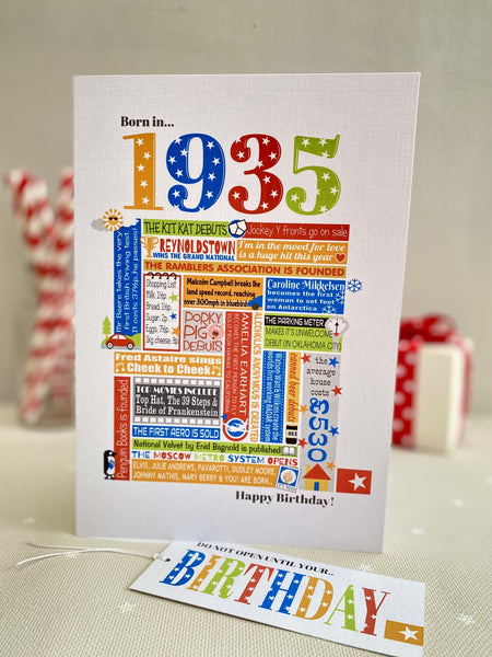 1935 (90th) Personalised Birthday Card with Matching Gift Tag