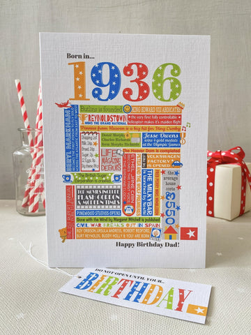 1936 (90th) Personalised Birthday Card with Matching Gift Tag