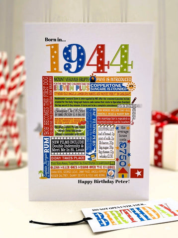 1944 (80th) Personalised Birthday Card with Matching Gift Tag