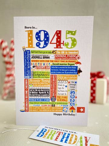 1945 (80th) Personalised Birthday Card with Matching Gift Tag