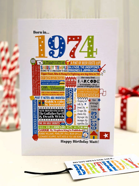 1974 (50th) Personalised Birthday Card with Matching Gift Tag