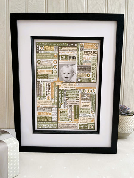 'The Year You Were Born' Personalised Birthdate Print in Sage Green & Stone.