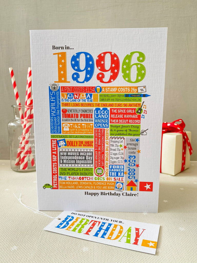 1996 (30th) Personalised Birthday Card with Matching Gift Tag