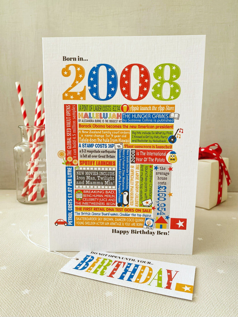 2008 (18th) Personalised Birthday Card with Matching Gift Tag