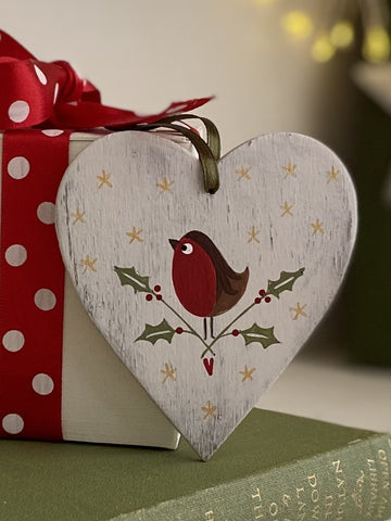 Happy Robin Handpainted Wooden Heart Decoration
