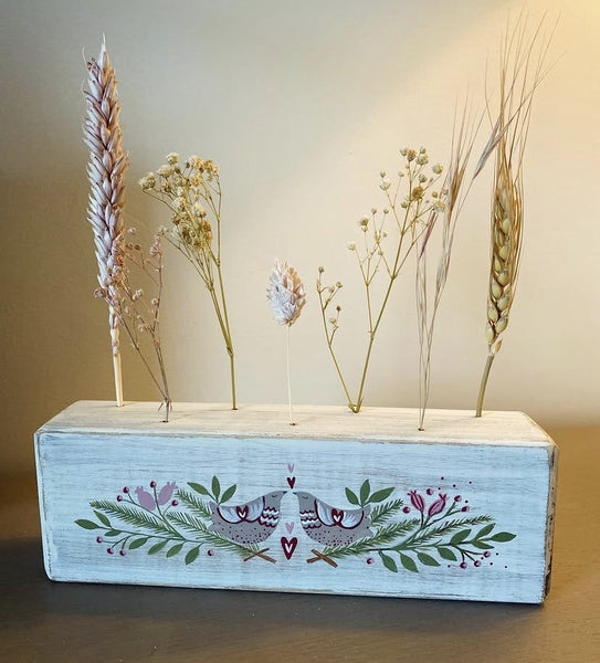 Handpainted Flower Block. Birds