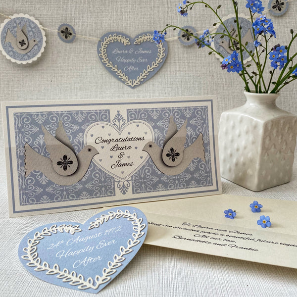 Boxed Personalised Dove Bunting Card in Powder Blue