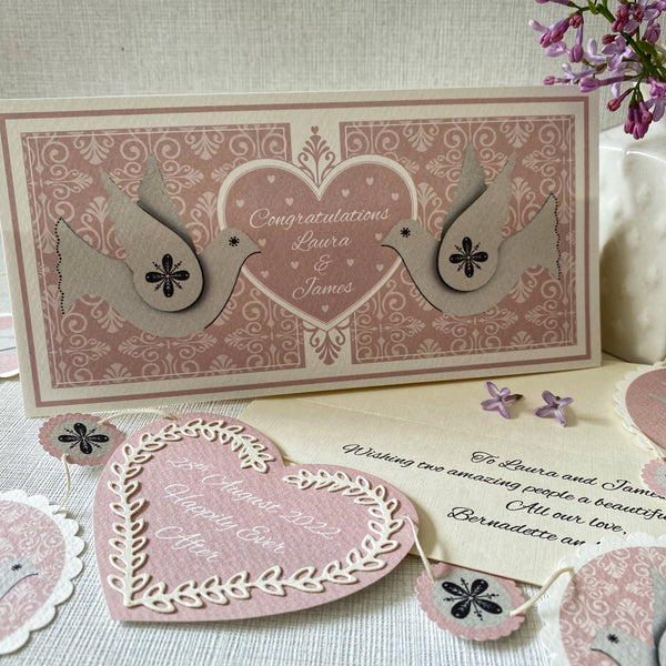 Boxed Personalised Dove Bunting Card in Dusky Pink